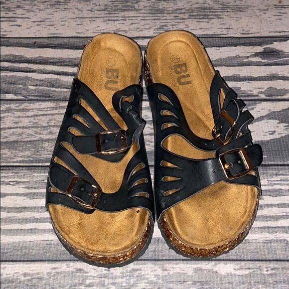 BU Collection Black Leather Sandal Shoes Size 8.5 - Picture 3 of 5